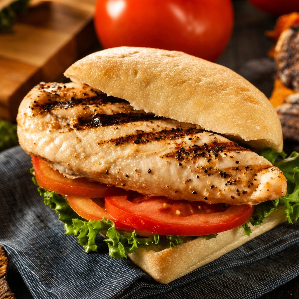 Grilled Chicken Breast Burger on a Bun with Fries.