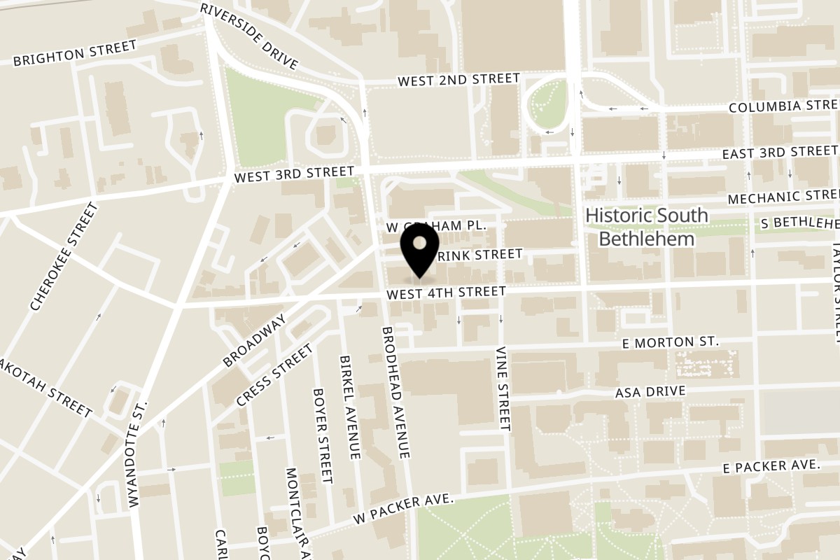Map showing the location of NYC Village Pizza on 129 W 4th St in Bethlehem